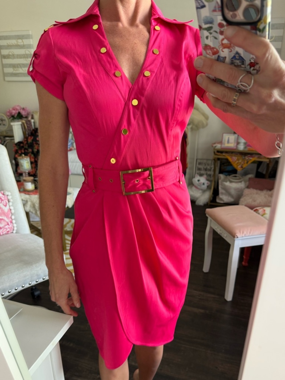 Cache Hot Pink Belted Mini Dress with Gold Buttons